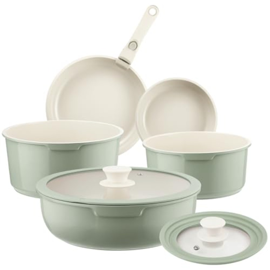 Camping Cooking Set Detachable Handle - 세라믹 냄비 프라이팬 세트 녹색 논스틱,