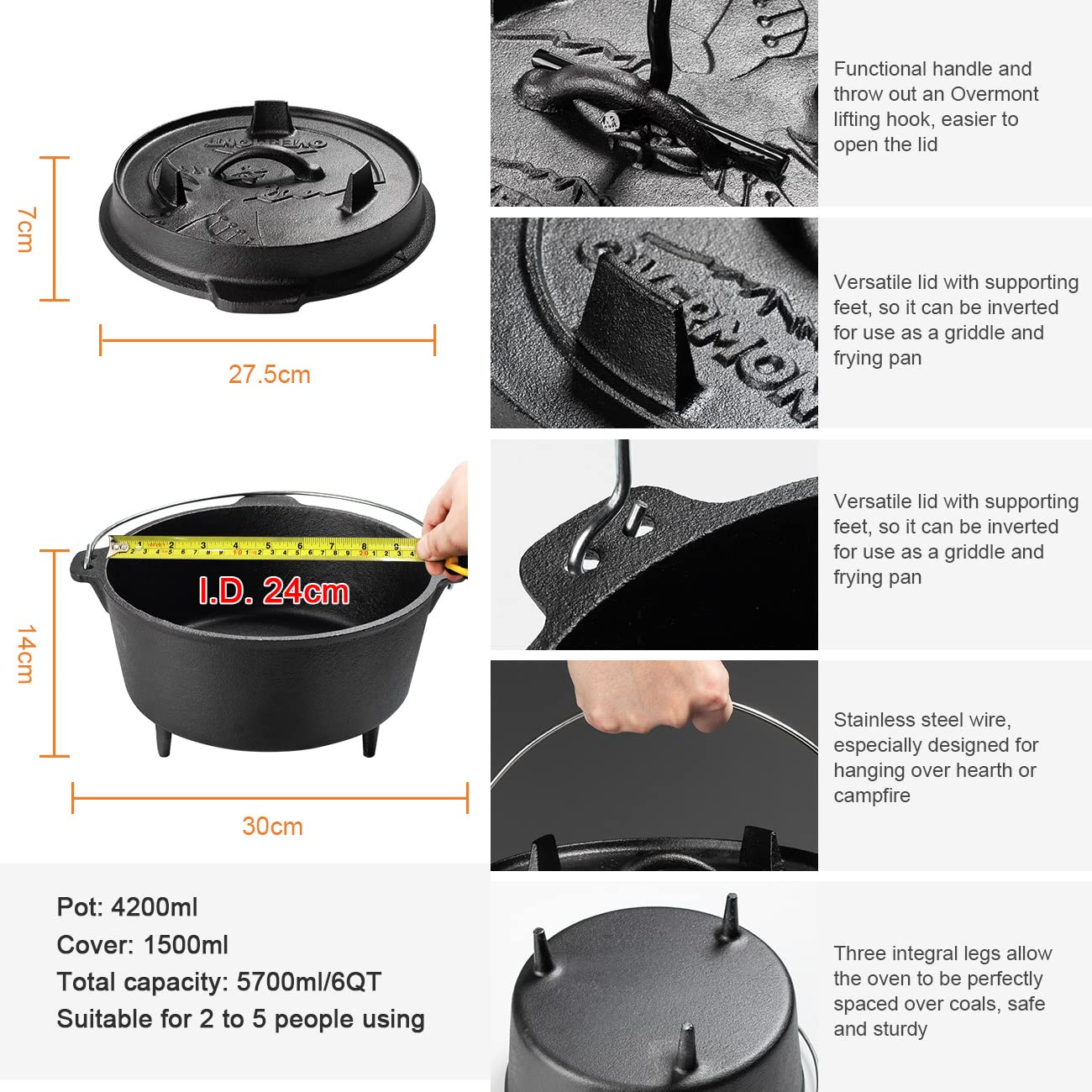 25cm 캠프 더치 오븐 사전 양념된 주철 뚜껑 캠핑  - Camping Cooking Dutch Oven 리뷰 및 가격